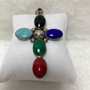 Taxco Mexico‎ Multi Gemstone Sterling Silver Cross Pendant Southwestern Tribal